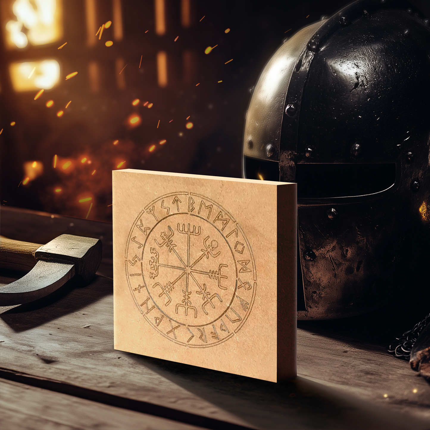 Décoration en bois pyrogravé symbole Vegvisir.